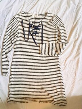 MaxMara Cream and Navy Striped Lace-Up Long Sleeve Dress